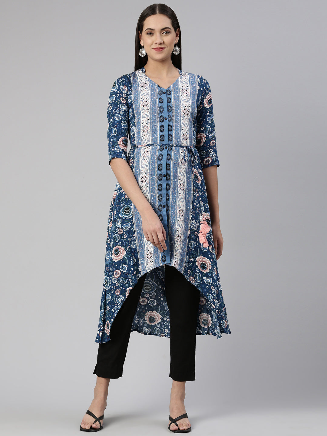 Neerus Blue Curved Cotton Kurtas
