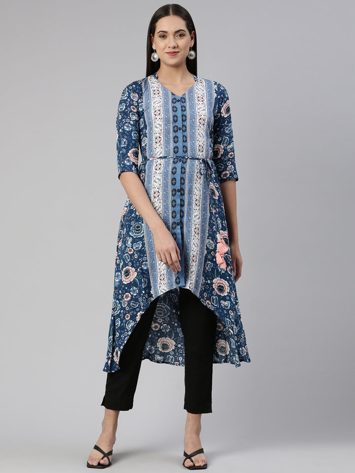 Neerus Blue Curved Cotton Kurtas