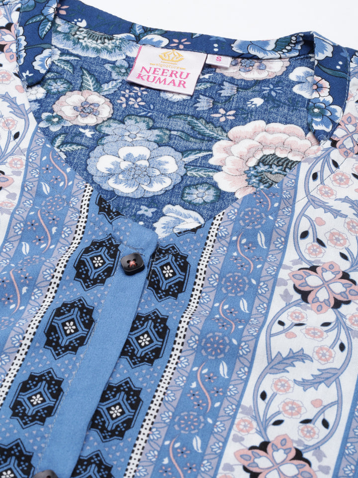 Neerus Blue Curved Cotton Kurtas