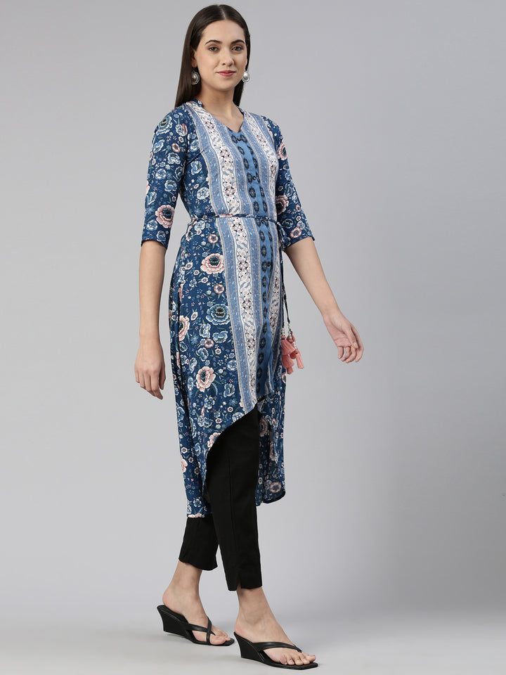 Neerus Blue Curved Cotton Kurtas
