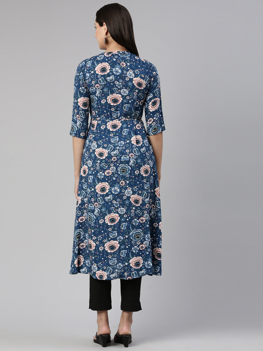 Neerus Blue Curved Cotton Kurtas