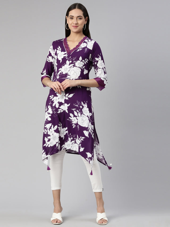Neerus Purple crepe printed kurta A-line asymmetric - front view
