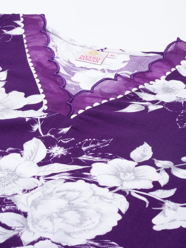 Neerus Purple crepe printed kurta A-line asymmetric - detail view 3