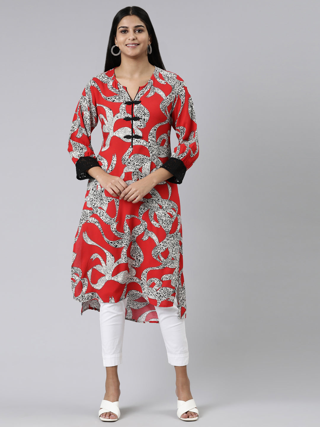 Neerus Red Curved Printed Viscose Rayon Kurtas
