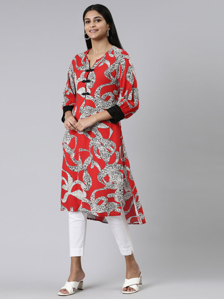 Neerus Red Curved Printed Viscose Rayon Kurtas