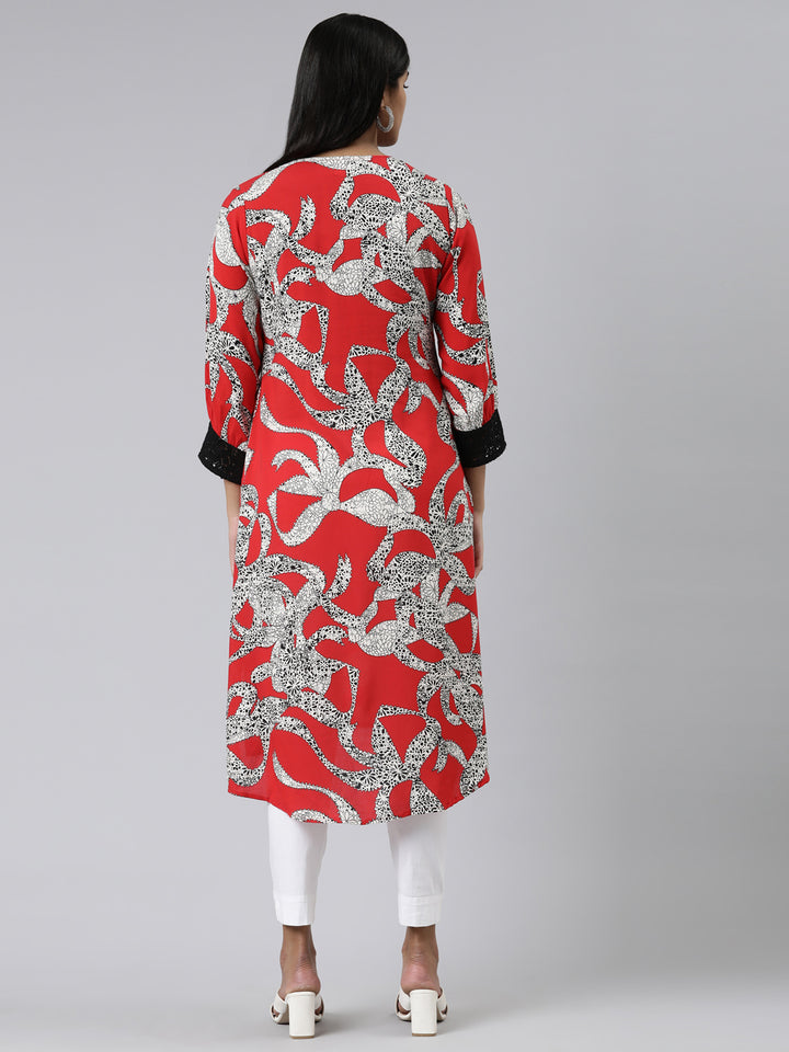 Neerus Red Curved Printed Viscose Rayon Kurtas