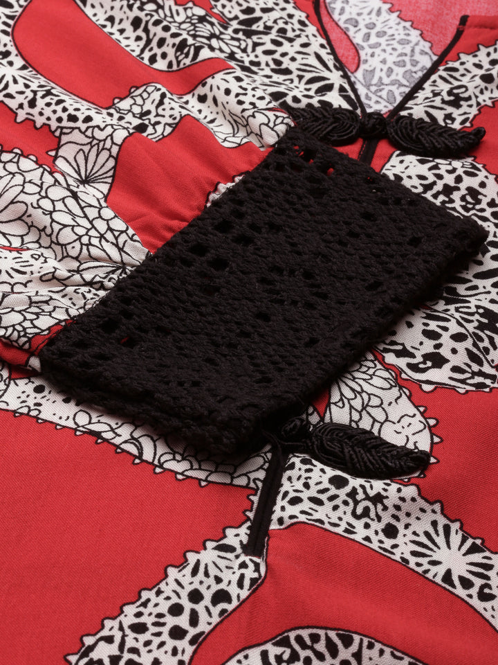 Neerus Red Curved Printed Viscose Rayon Kurtas