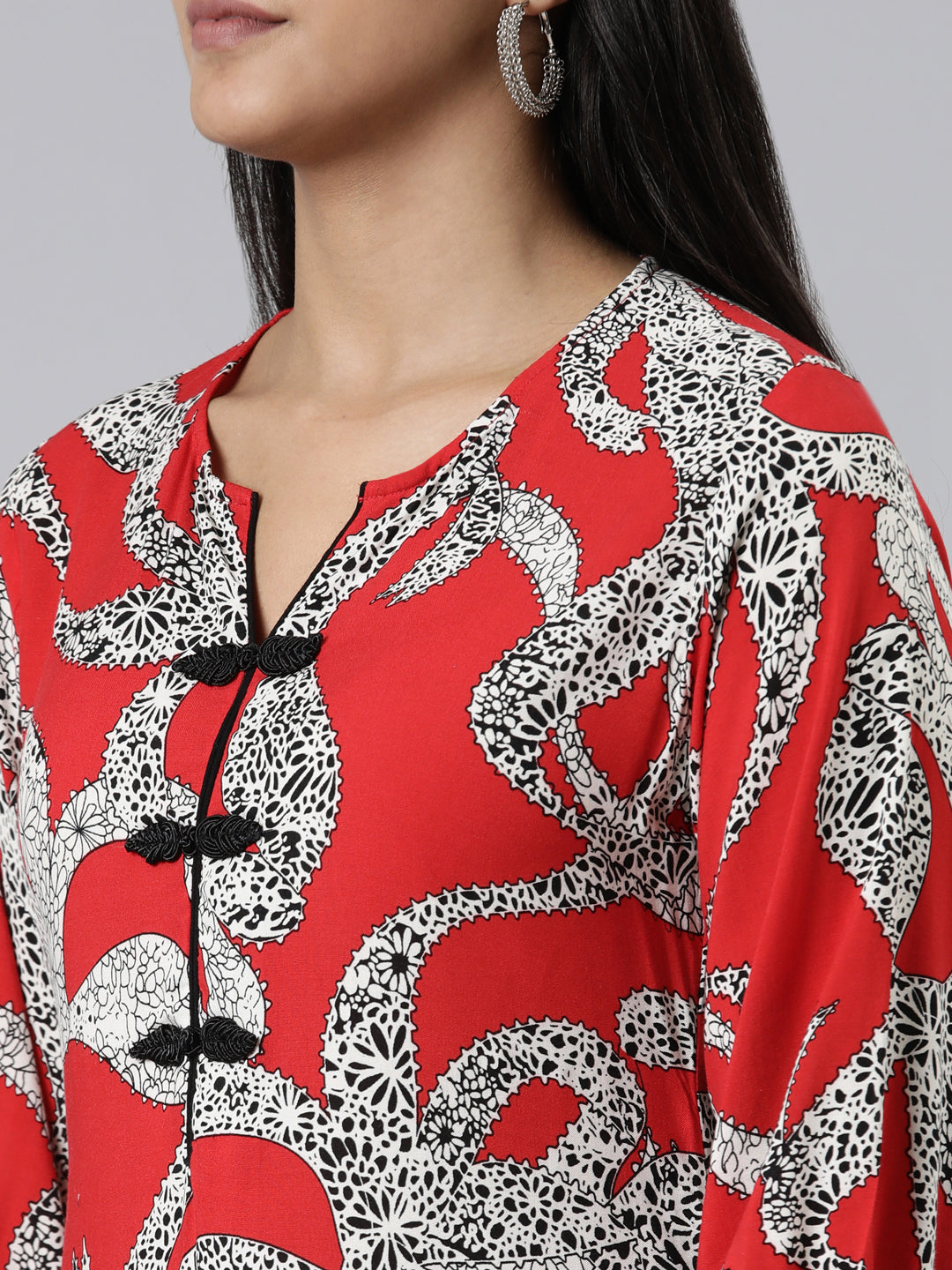 Neerus Red Curved Printed Viscose Rayon Kurtas