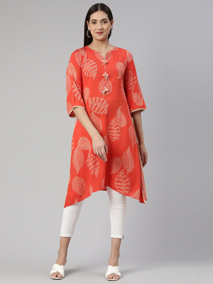 Neerus Orange cotton printed kurti A-line - front view
