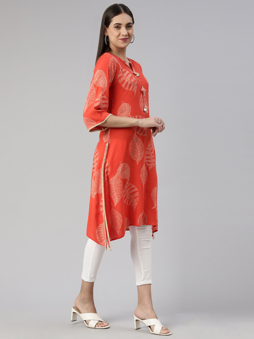 Neerus Orange cotton printed kurti A-line - back view