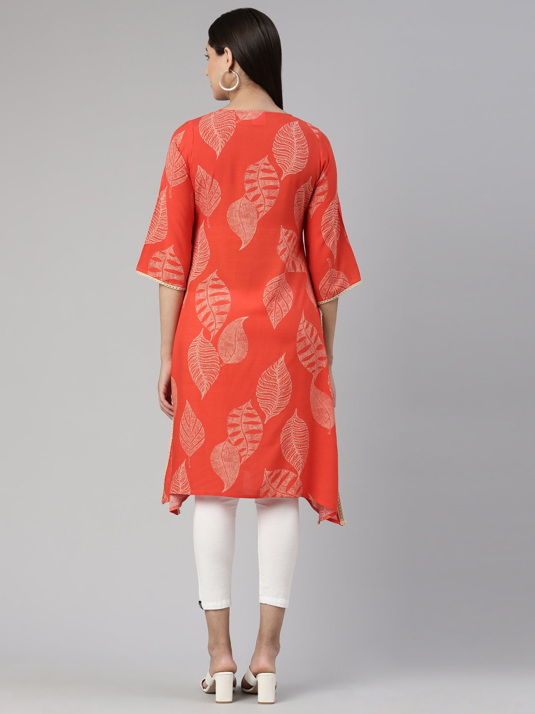 Neerus Orange cotton printed kurti A-line - side view