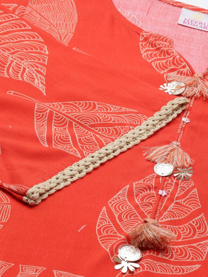 Neerus Orange cotton printed kurti A-line - detail view 2