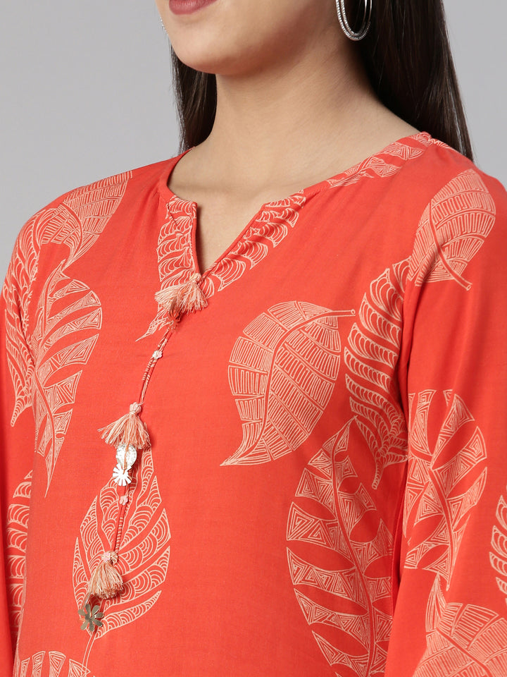 Neerus Orange cotton printed kurti A-line - detail view 1