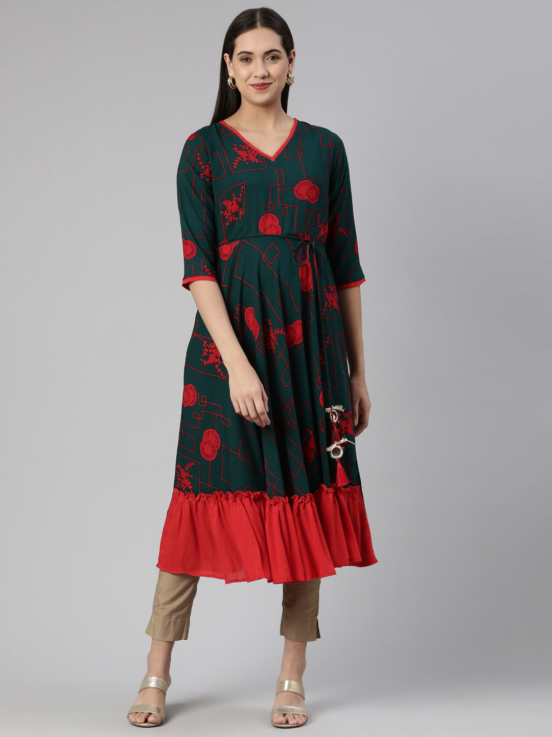 Neerus Green cotton anarkali kurti - front view
