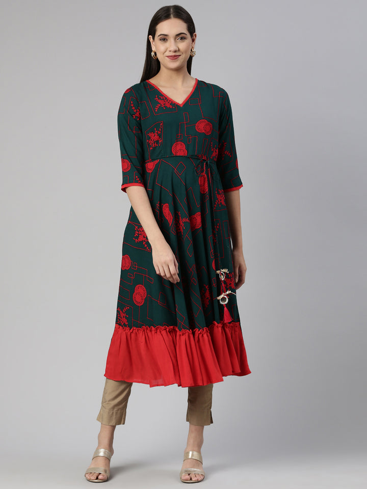 Neerus Green cotton anarkali kurti - front view