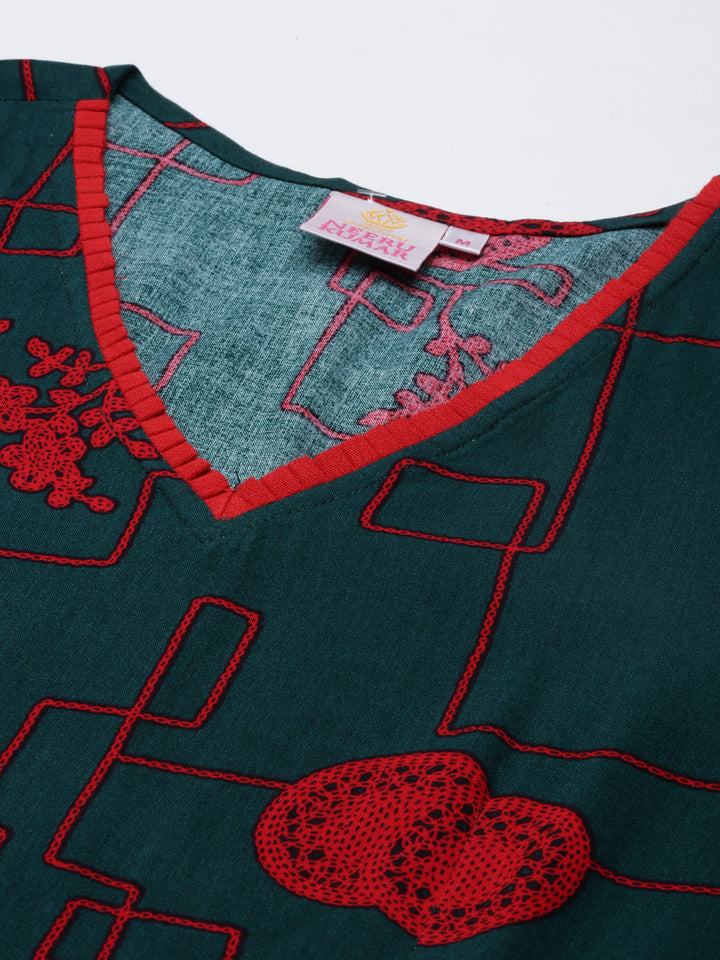 Neerus Green cotton anarkali kurti - detail view 3