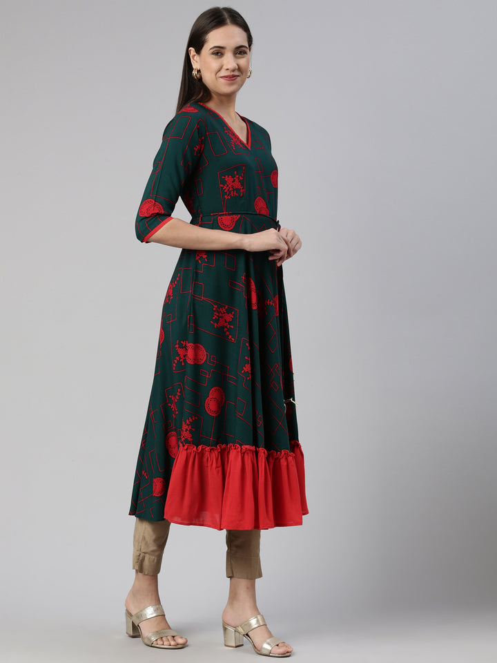 Neerus Green cotton anarkali kurti - back view