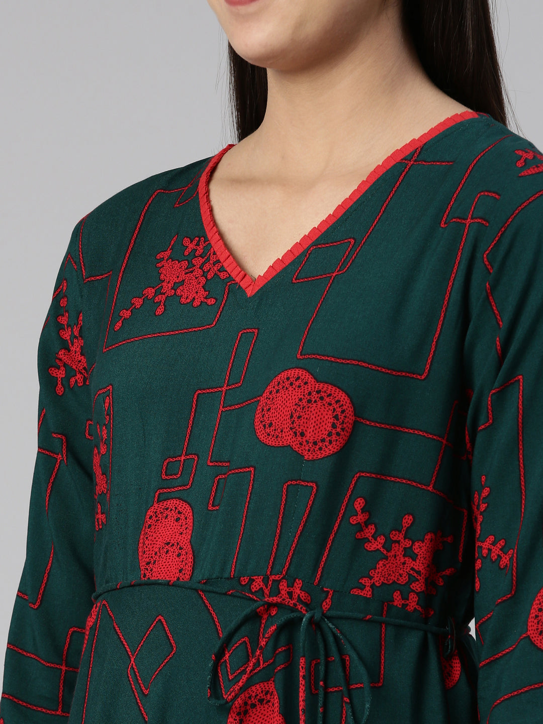 Neerus Green cotton anarkali kurti - detail view 1