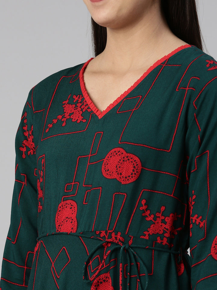 Neerus Green cotton anarkali kurti - detail view 1