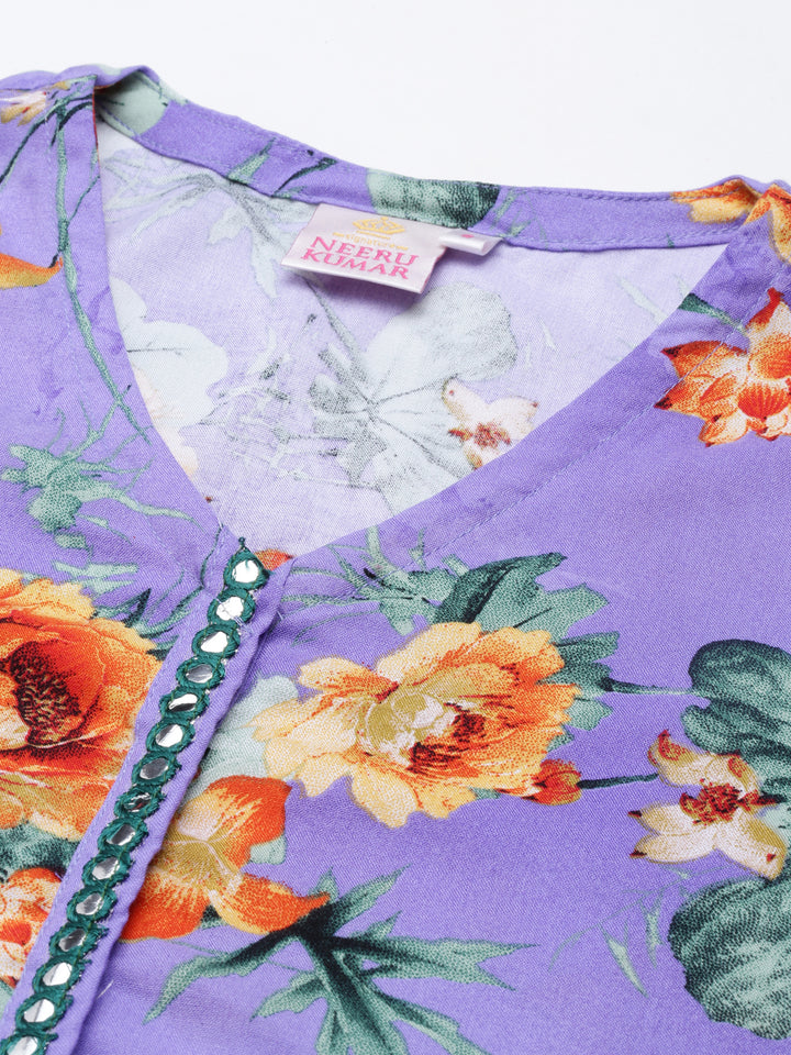 Neerus Purple Anarkali Curved Cotton Kurtas