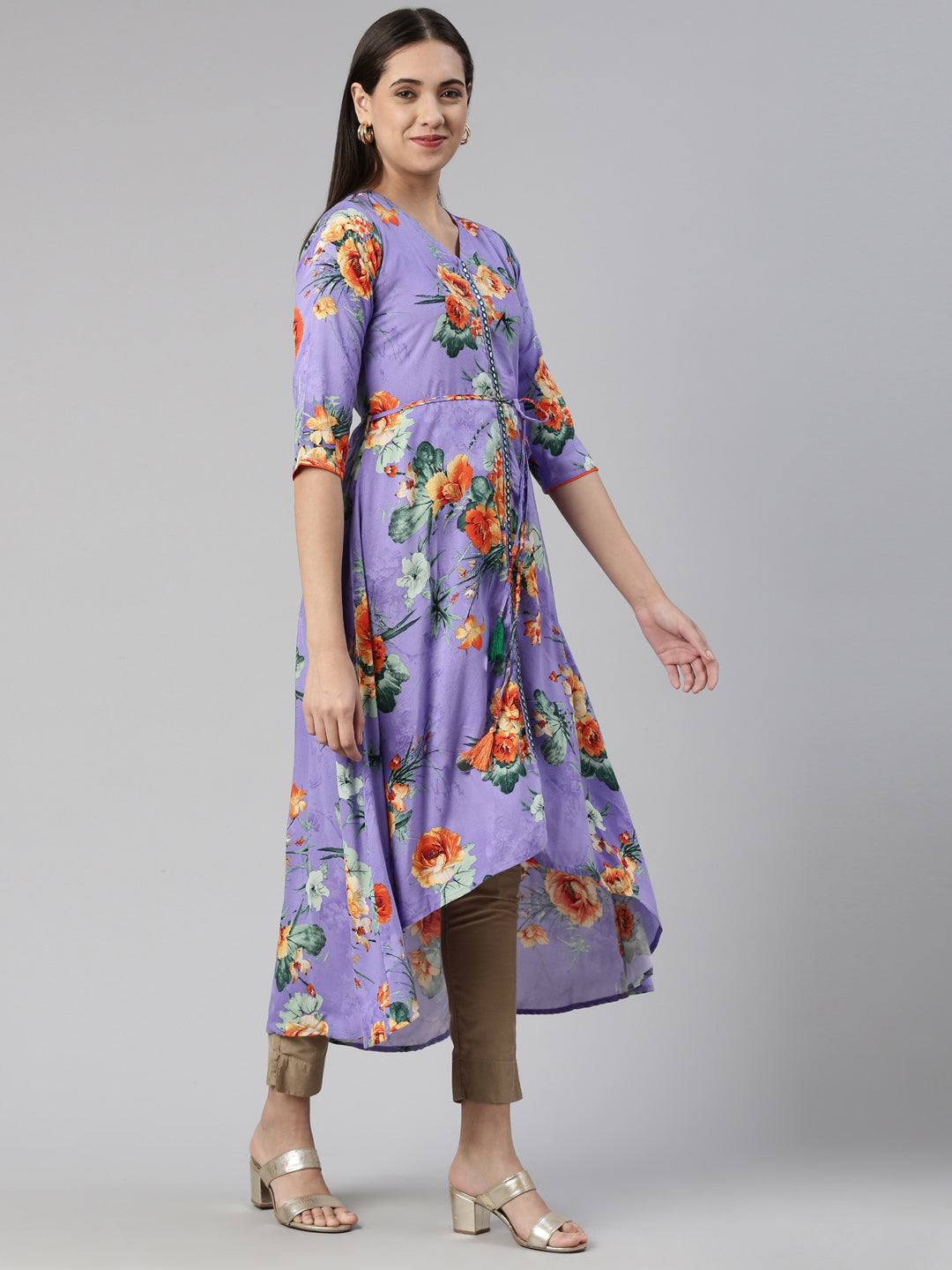 Neerus Purple Anarkali Curved Cotton Kurtas