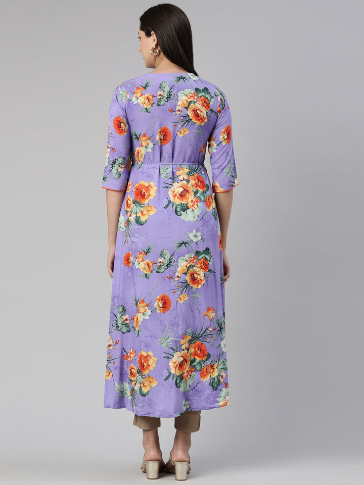 Neerus Purple Anarkali Curved Cotton Kurtas