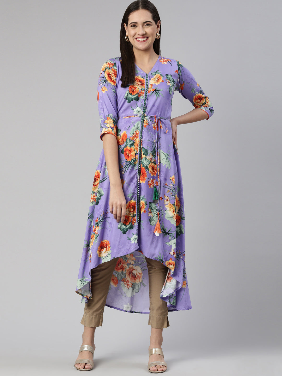 Neerus Purple Anarkali Curved Cotton Kurtas