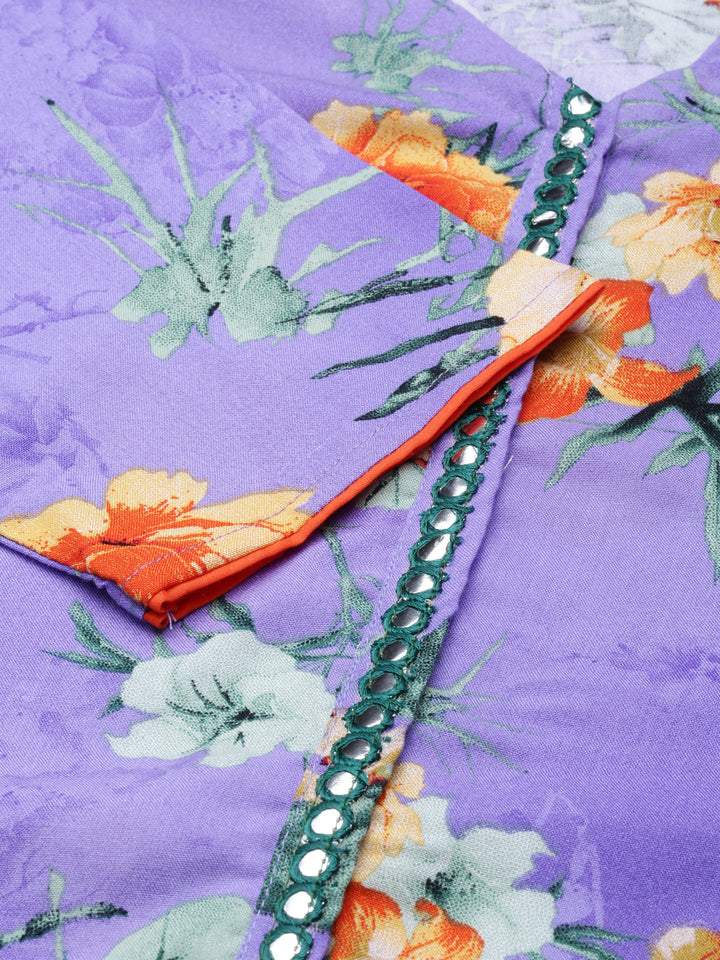 Neerus Purple Anarkali Curved Cotton Kurtas