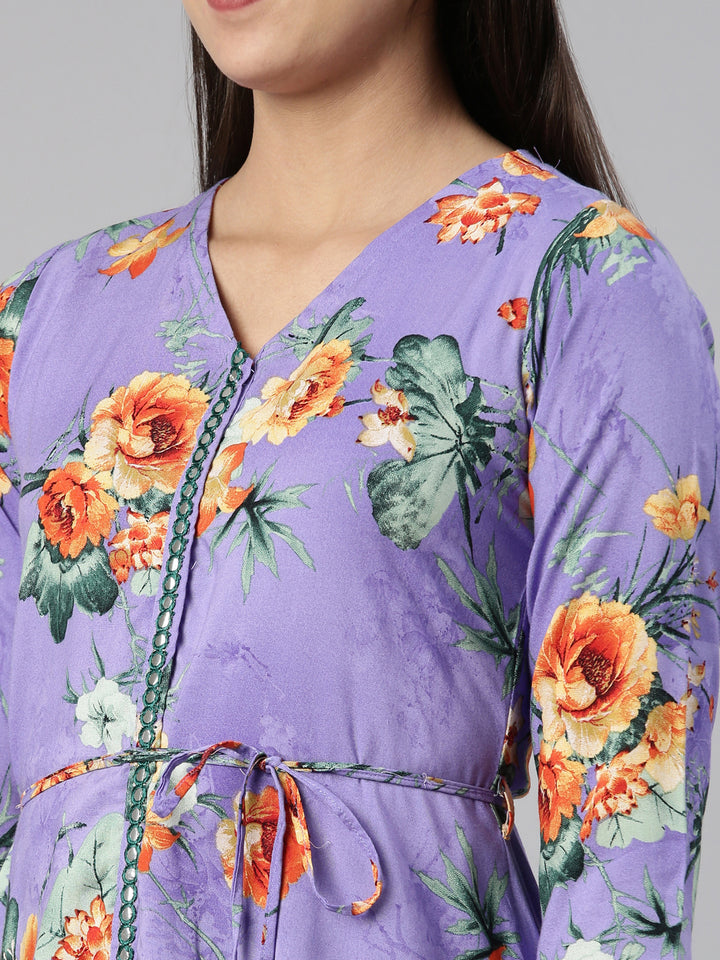 Neerus Purple Anarkali Curved Cotton Kurtas