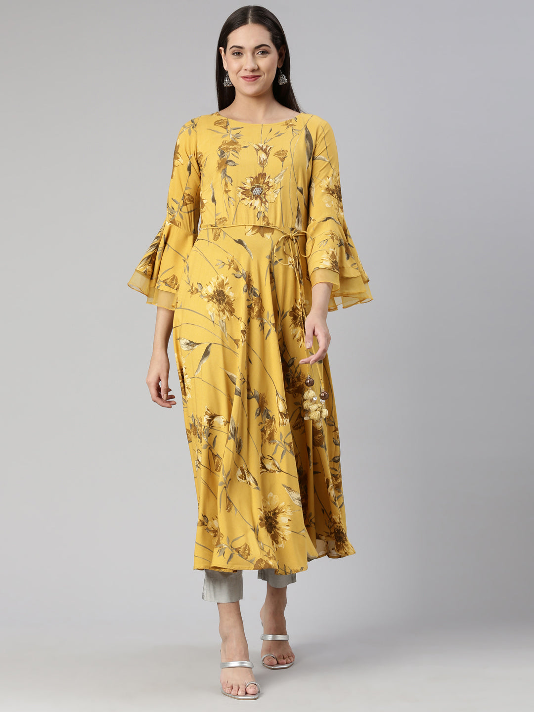 Neerus Mustard Anarkali Straight Cotton Silk Kurtas