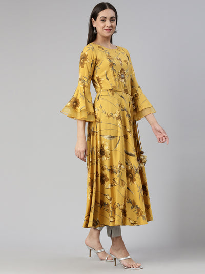 Neerus Mustard Anarkali Straight Cotton Silk Kurtas