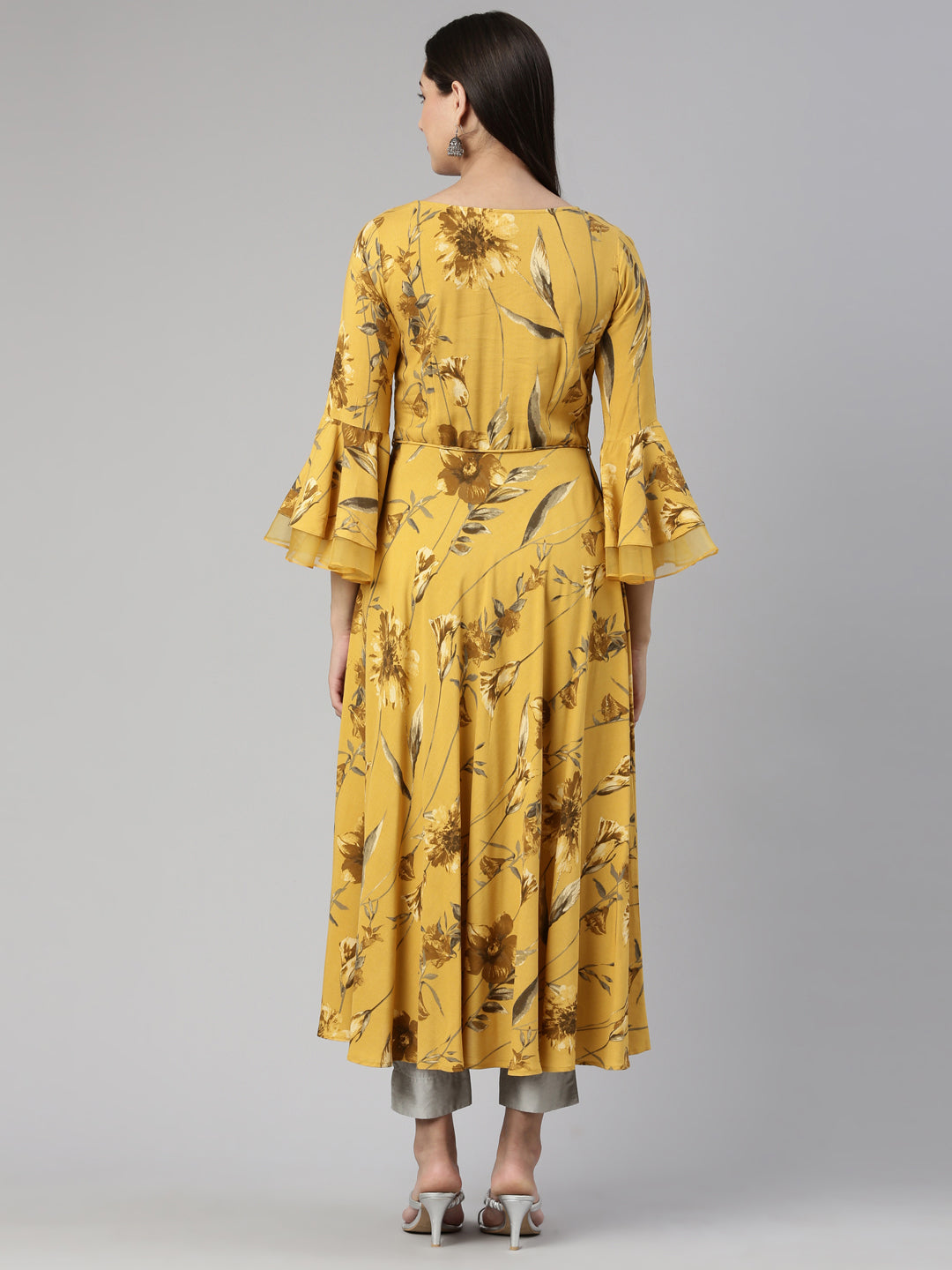 Neerus Mustard Anarkali Straight Cotton Silk Kurtas