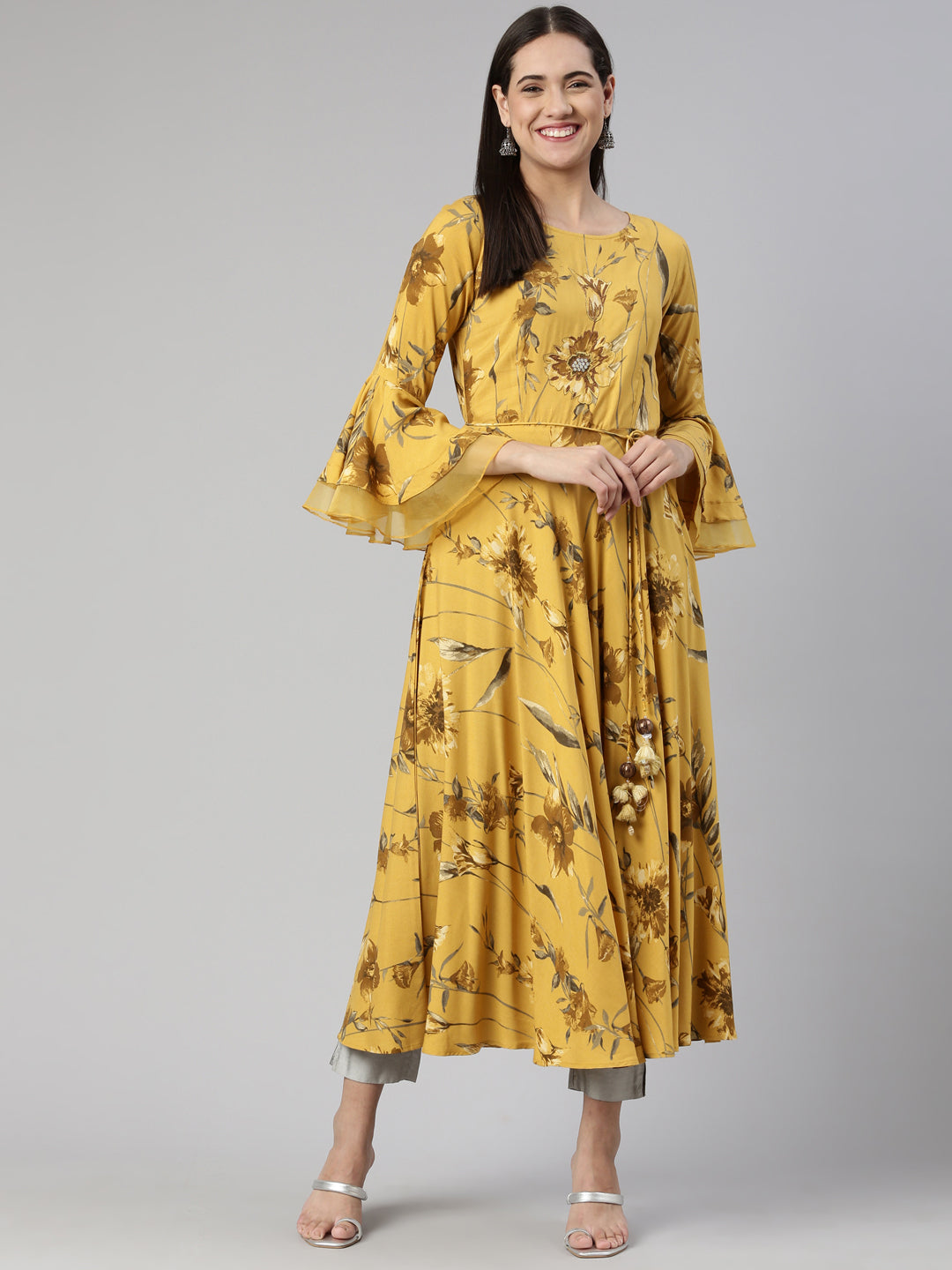 Neerus Mustard Anarkali Straight Cotton Silk Kurtas