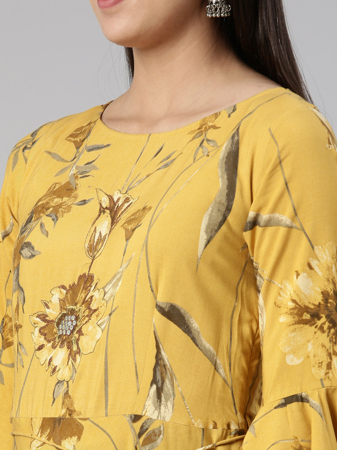 Neerus Mustard Anarkali Straight Cotton Silk Kurtas