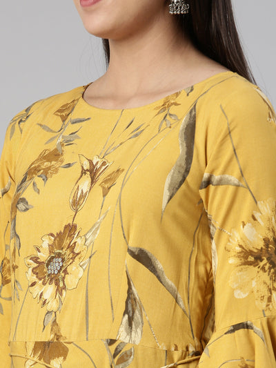 Neerus Mustard Anarkali Straight Cotton Silk Kurtas