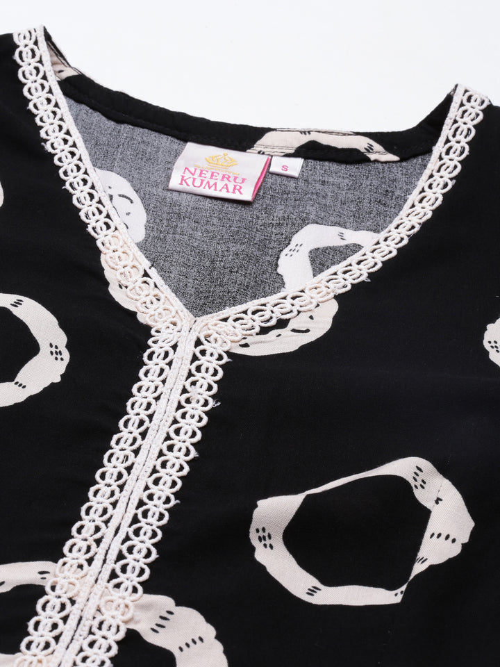 Neerus Black Anarkali Curved Cotton Kurtas