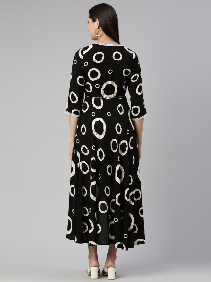 Neerus Black Anarkali Curved Cotton Kurtas