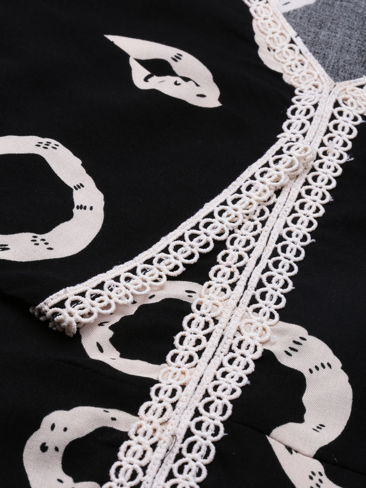 Neerus Black Anarkali Curved Cotton Kurtas