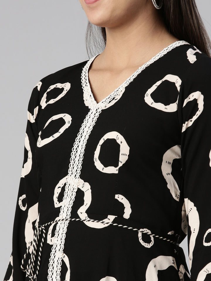 Neerus Black Anarkali Curved Cotton Kurtas