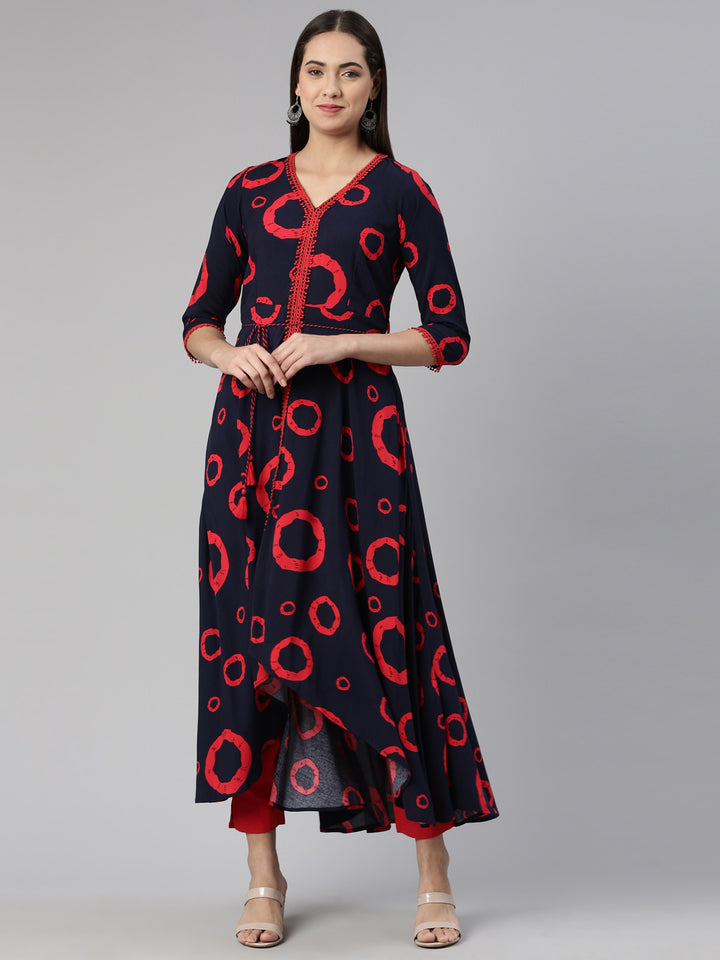Neerus Blue cotton anarkali kurta - front view