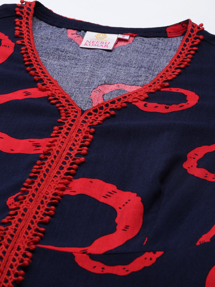 Neerus Blue cotton anarkali kurta - detail view 3