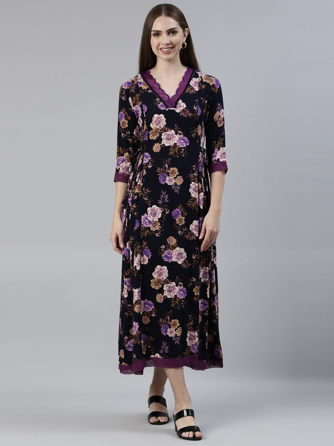 Neerus Navy Blue Straight Regular Viscose Rayon Kurtas