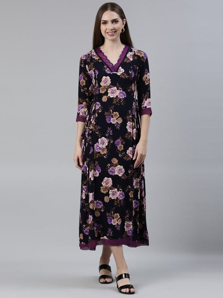 Neerus Navy Blue Straight Regular Viscose Rayon Kurtas