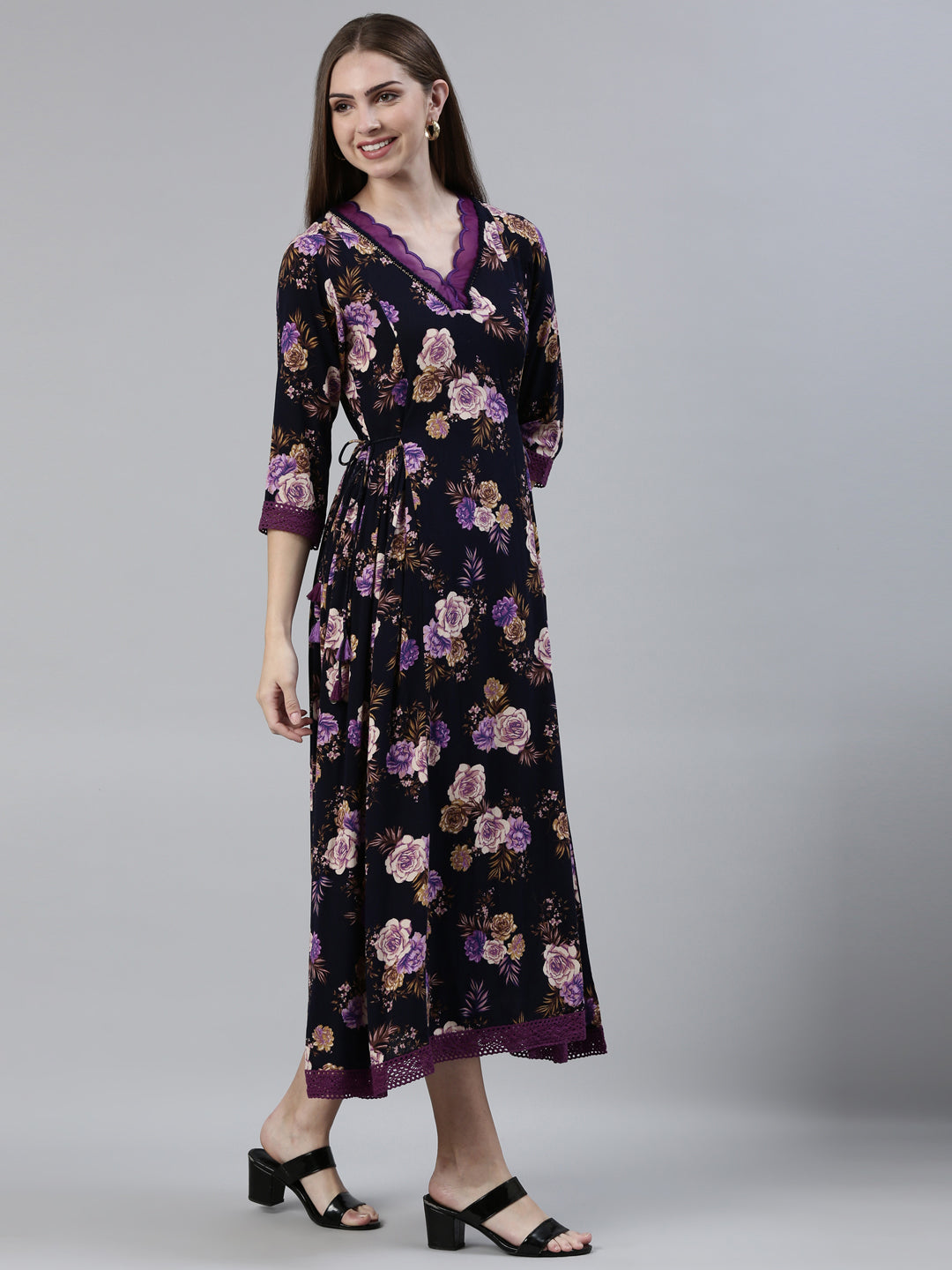 Neerus Navy Blue Straight Regular Viscose Rayon Kurtas