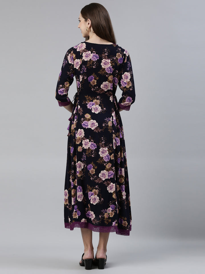 Neerus Navy Blue Straight Regular Viscose Rayon Kurtas