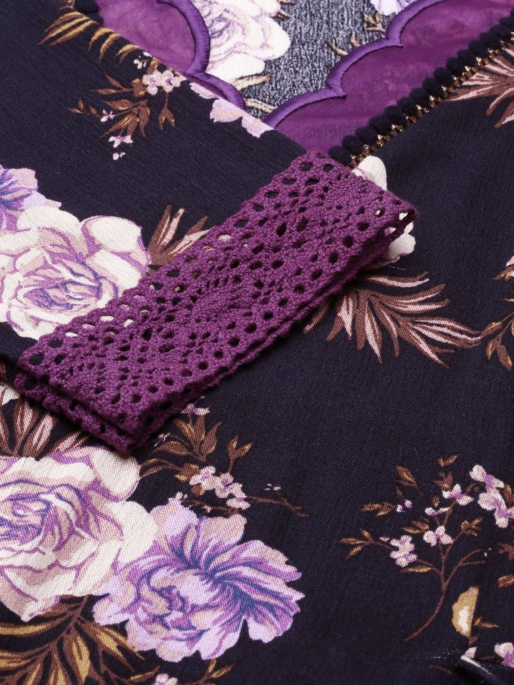 Neerus Navy Blue Straight Regular Viscose Rayon Kurtas