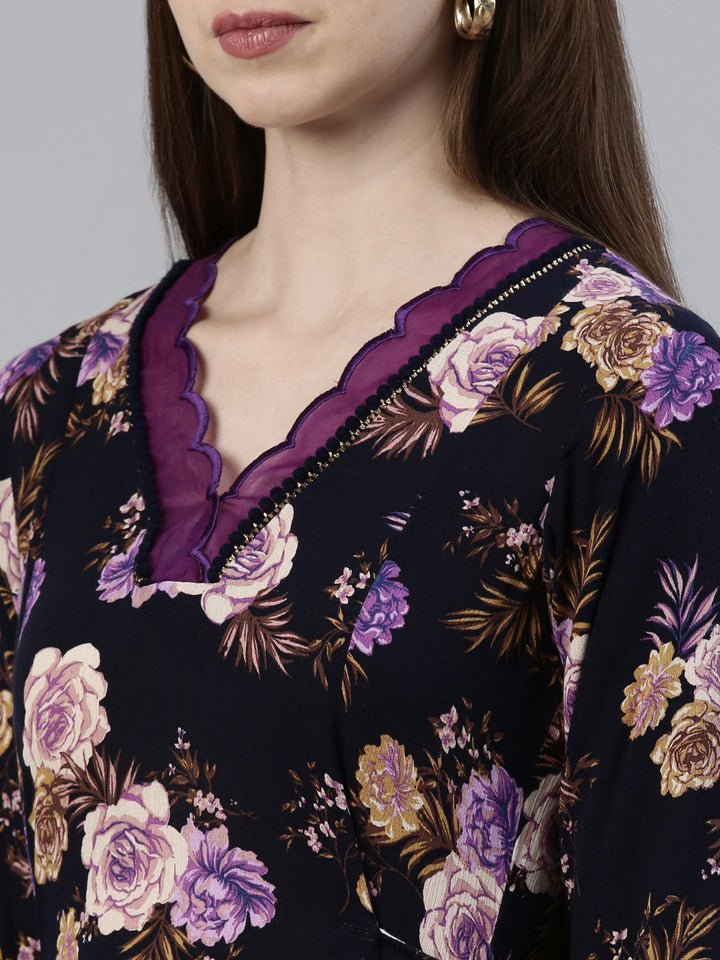 Neerus Navy Blue Straight Regular Viscose Rayon Kurtas