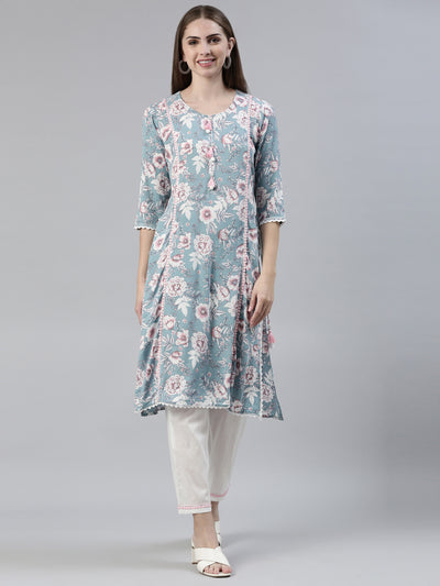 Neerus Blue Regular Knee Length Printed Kurta Solid Trousers