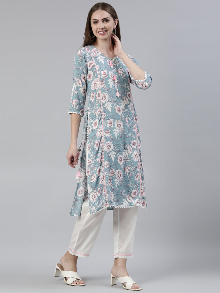 Neerus Blue Silk Chiffon Printed Kurta Set - back view