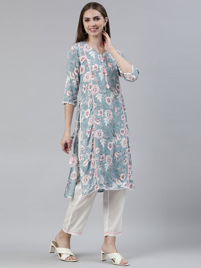 Neerus Blue Regular Knee Length Printed Kurta Solid Trousers